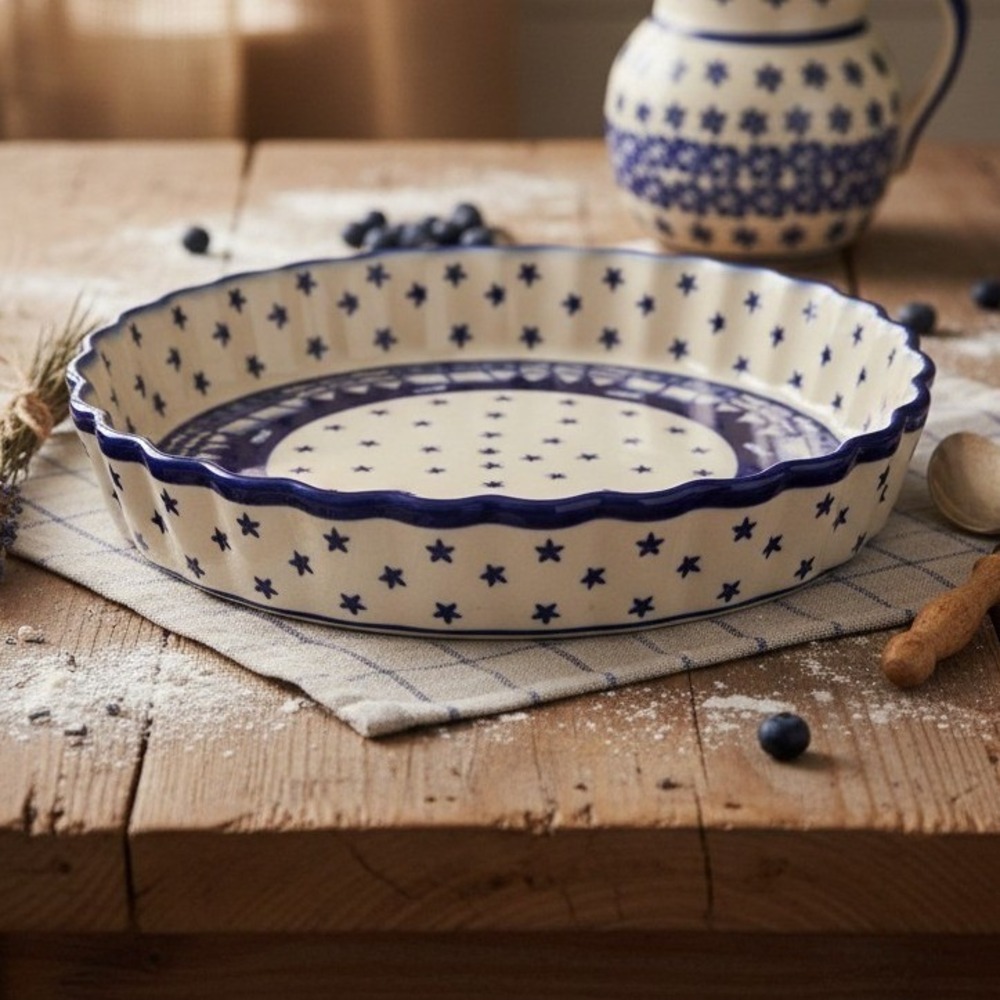 Boleslawiec Polish Pottery Fluted Pie Quiche Dish Winters Eve Cobalt Blue 10.25"